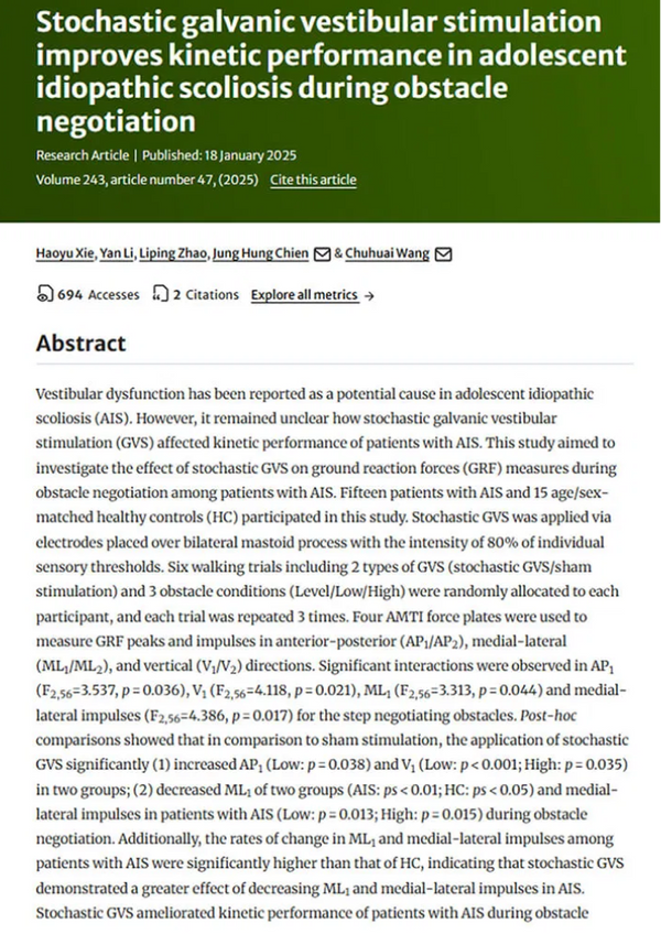 Stochastic galvanic vestibular stimulation improves kinetic performance.