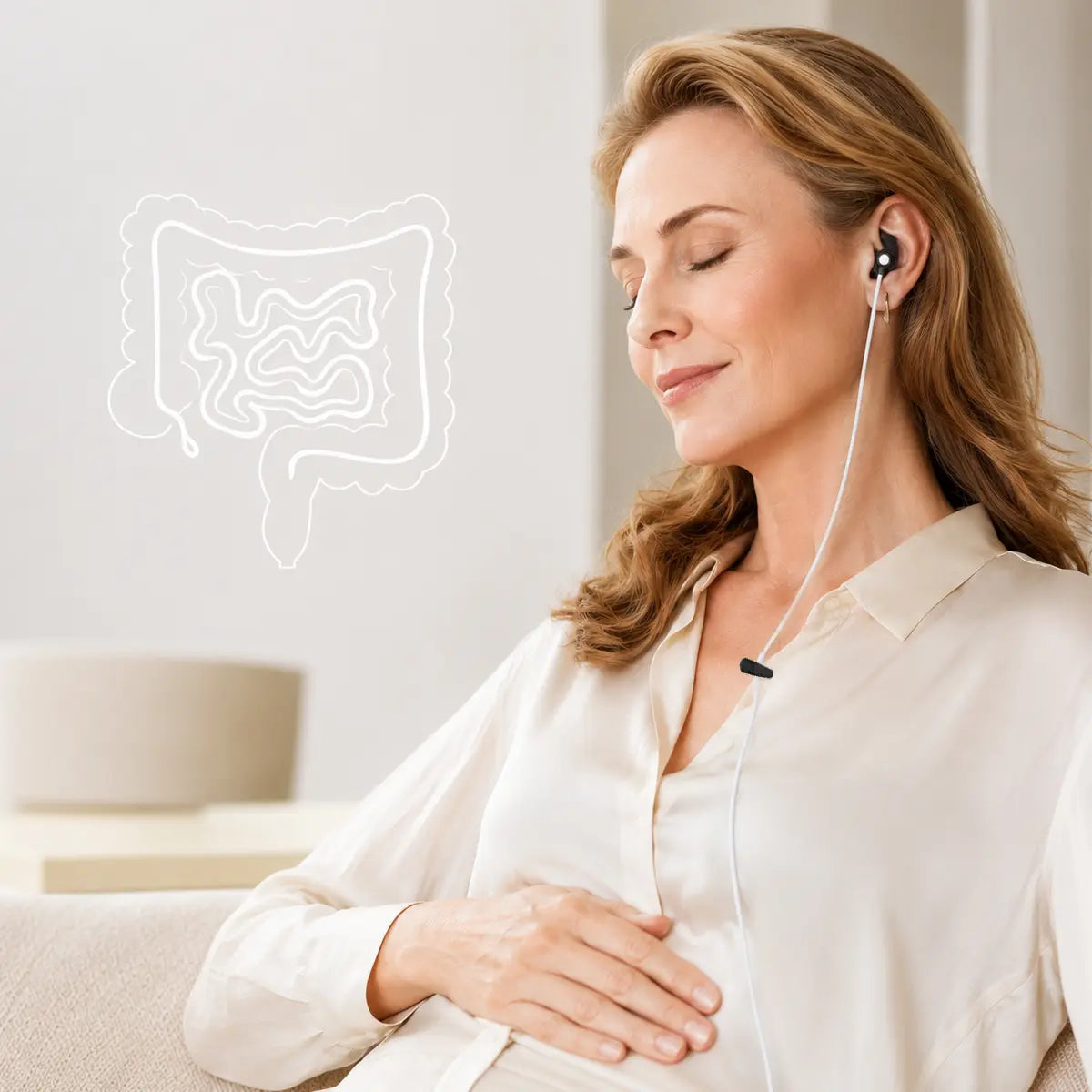 woman using ear based tavns device with digestive system icon