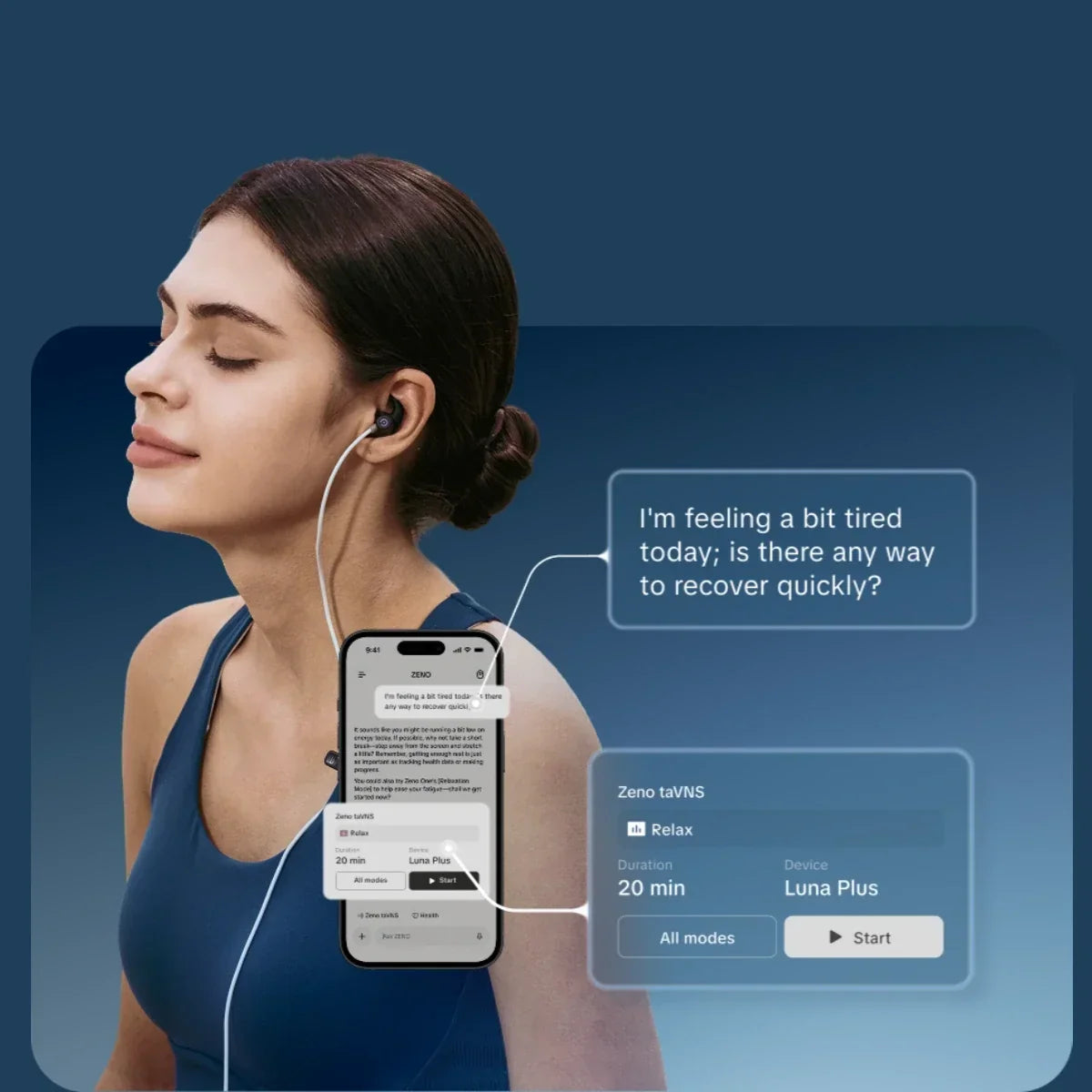 Person using a vagus nerve stimulation device while reviewing personalized wellness data