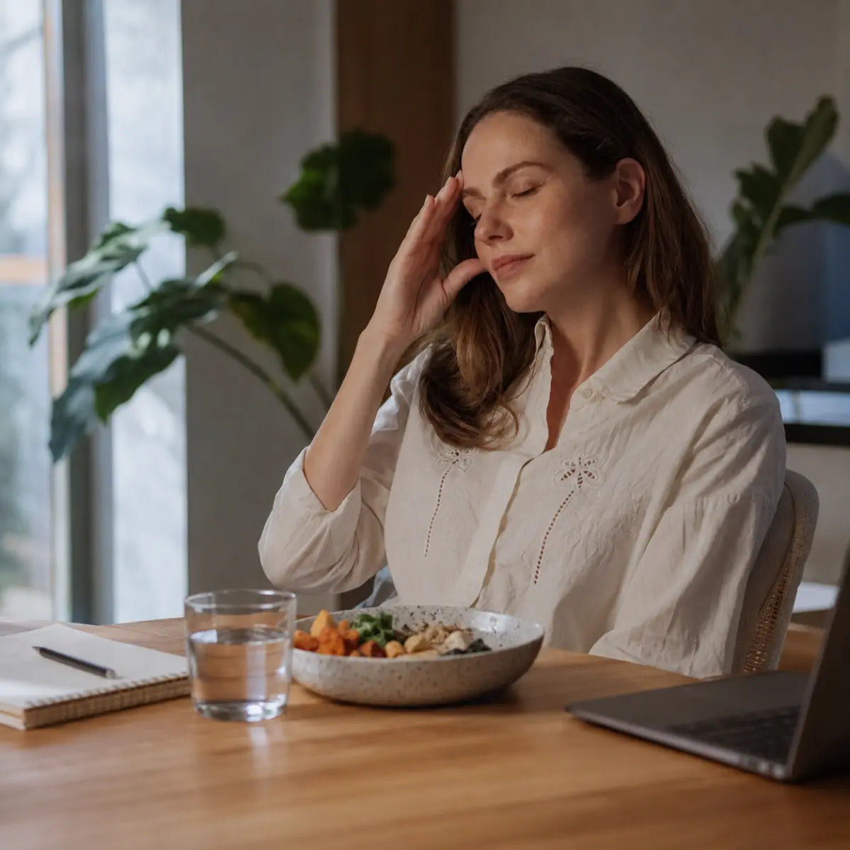 Woman feeling tired and mentally foggy while sitting at the table during a meal