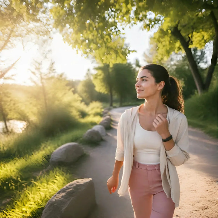 Woman wearing a wellness band during a calm morning walk in a sunlit park.