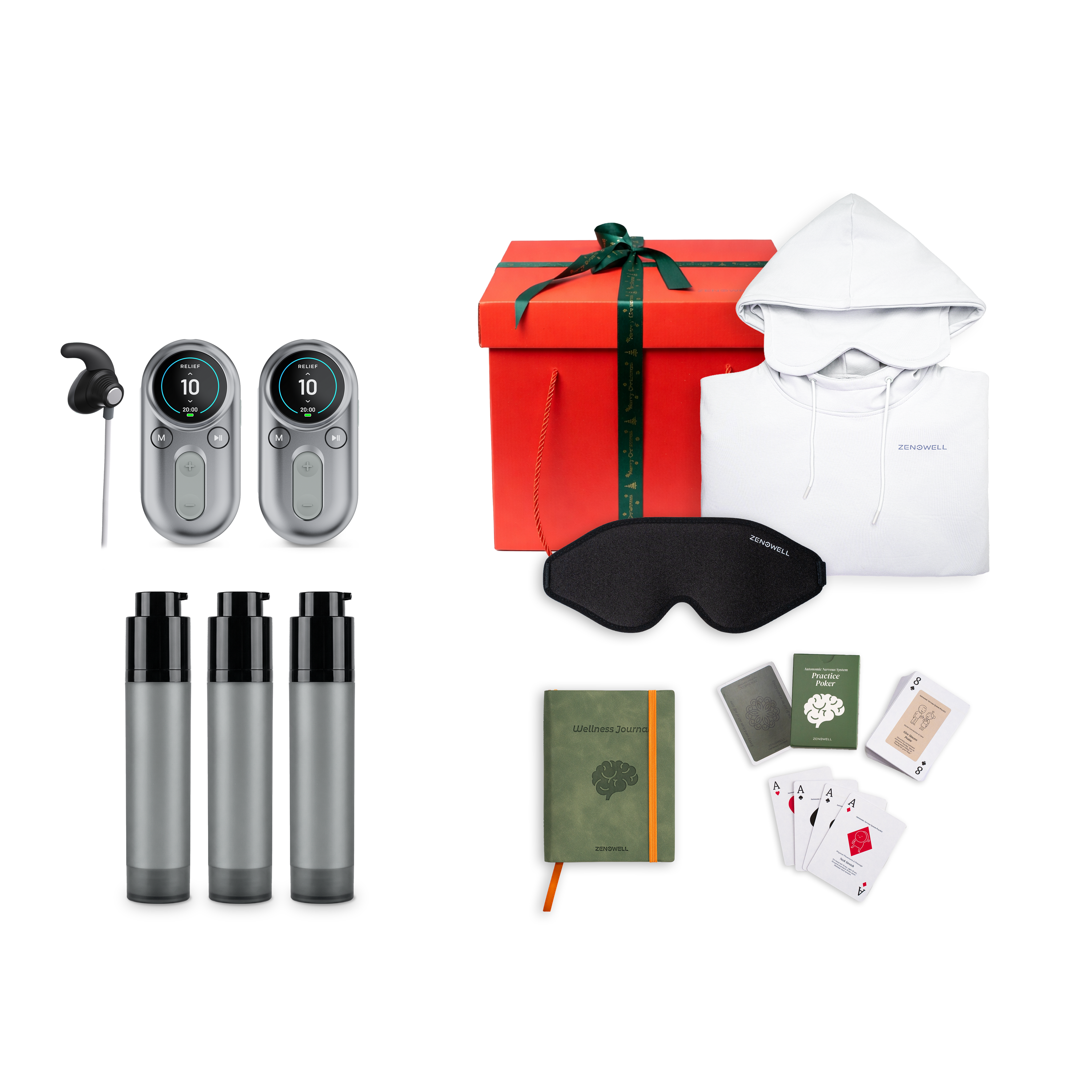 ZenoWell support pack including the gift set featuring the 2 LUNA tavns devices, three gel, a hoodie, Eye Mask, Wellness Journal, Relaxation Cards, and a gift box, all designed to support relaxation, stress relief, and well-being through transcutaneous auricular vagus nerve stimulation (taVNS)