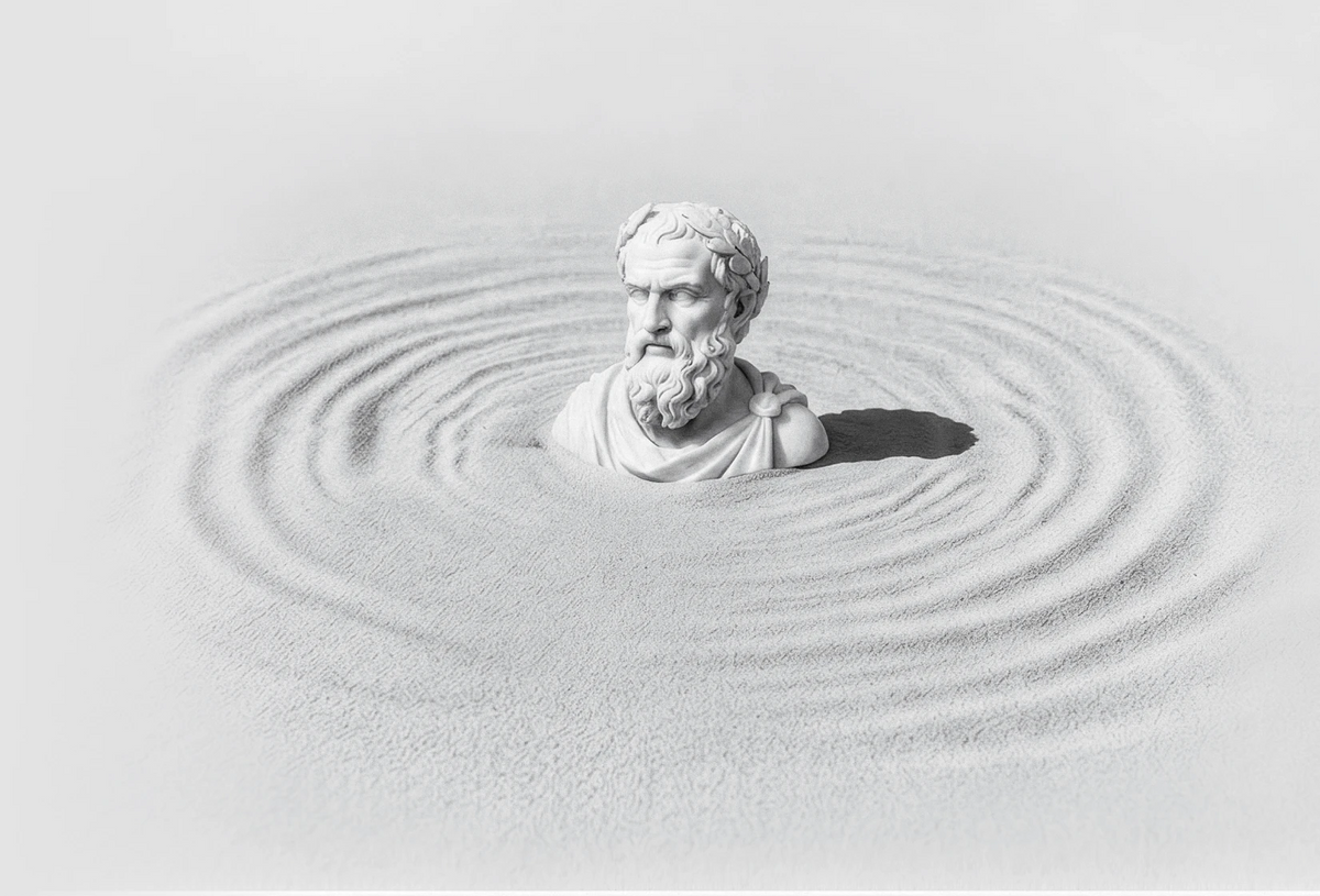 Sculpture of the philosopher Zeno in a field of concentric sand ripples