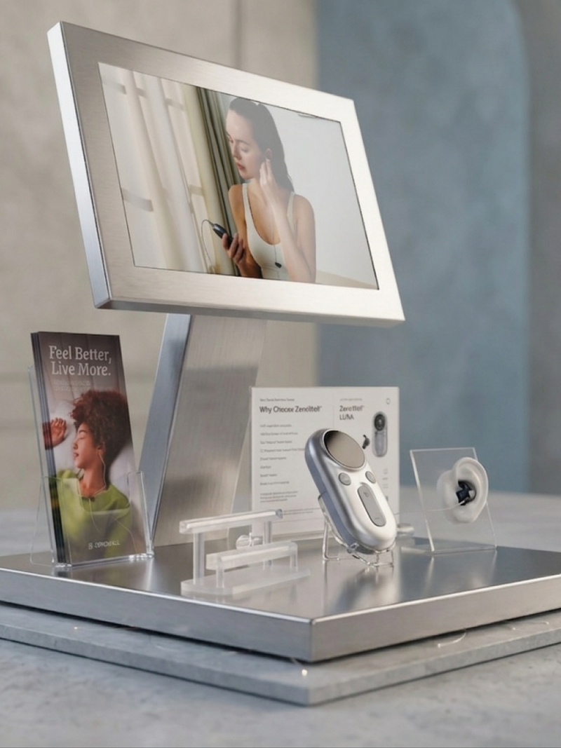ZenoWell Luna product display with digital screen and wellness materials
