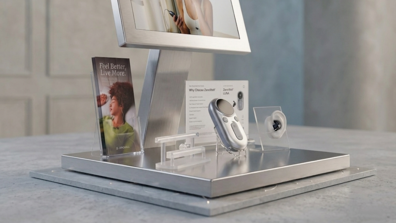 ZenoWell Luna product display, showcasing the silver device and earpiece with wellness materials