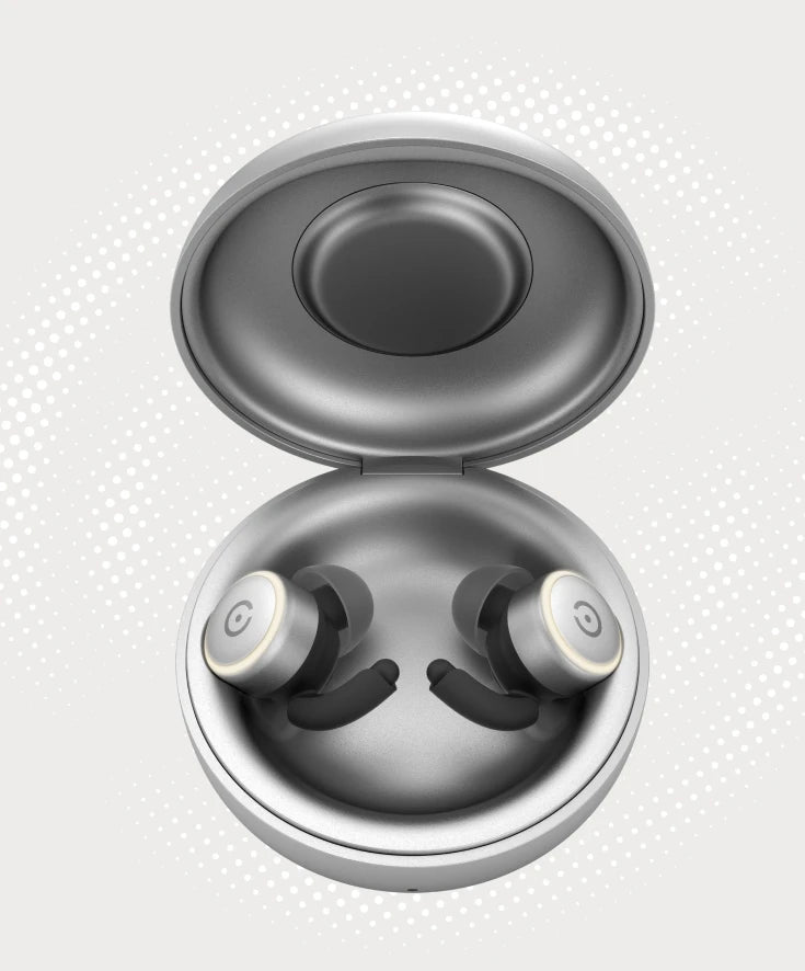Zeno One sensing hardware floating above its open charging case