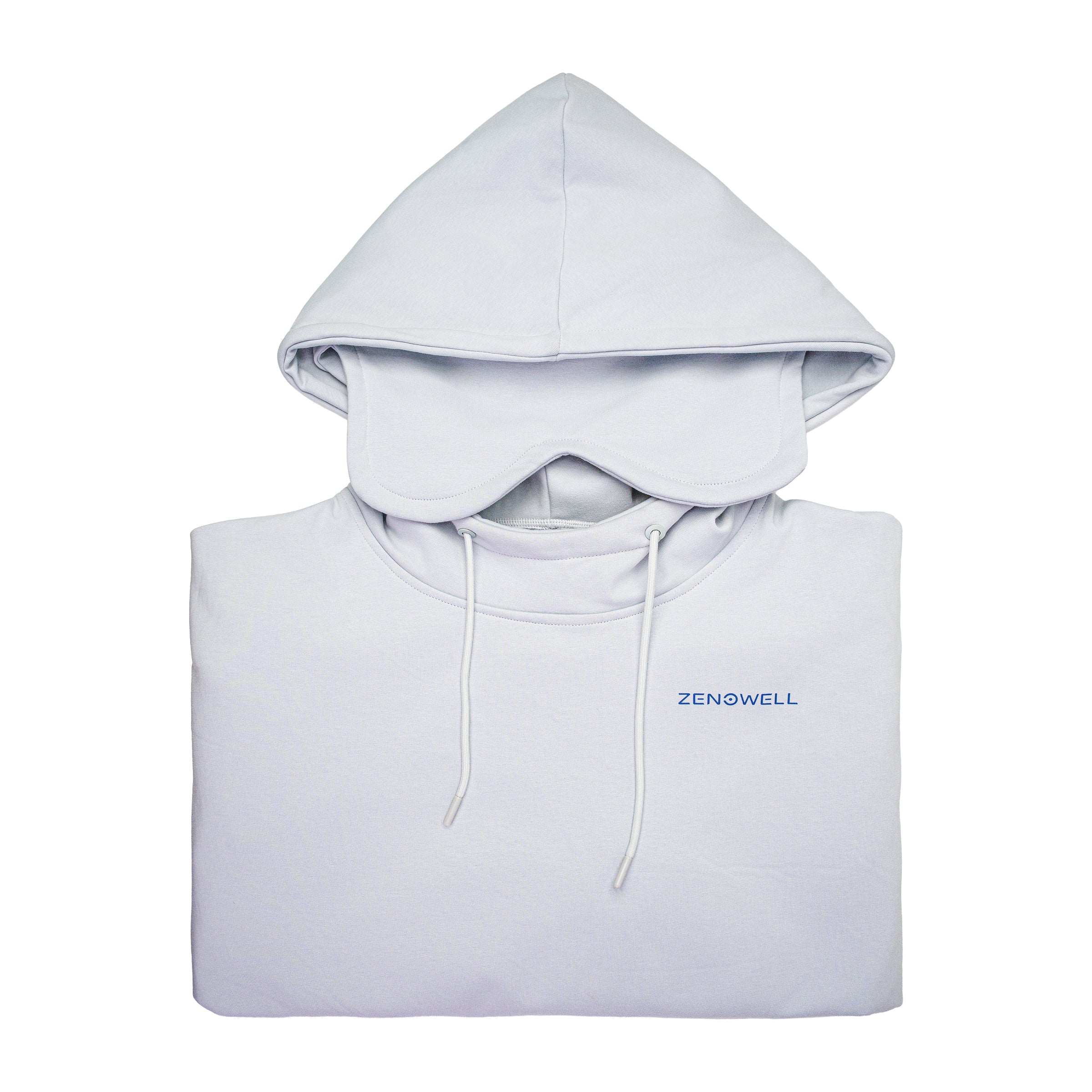 A light blue ZenoWell hoodie with a built-in sleep mask, neatly folded to showcase its design and the brand's logo