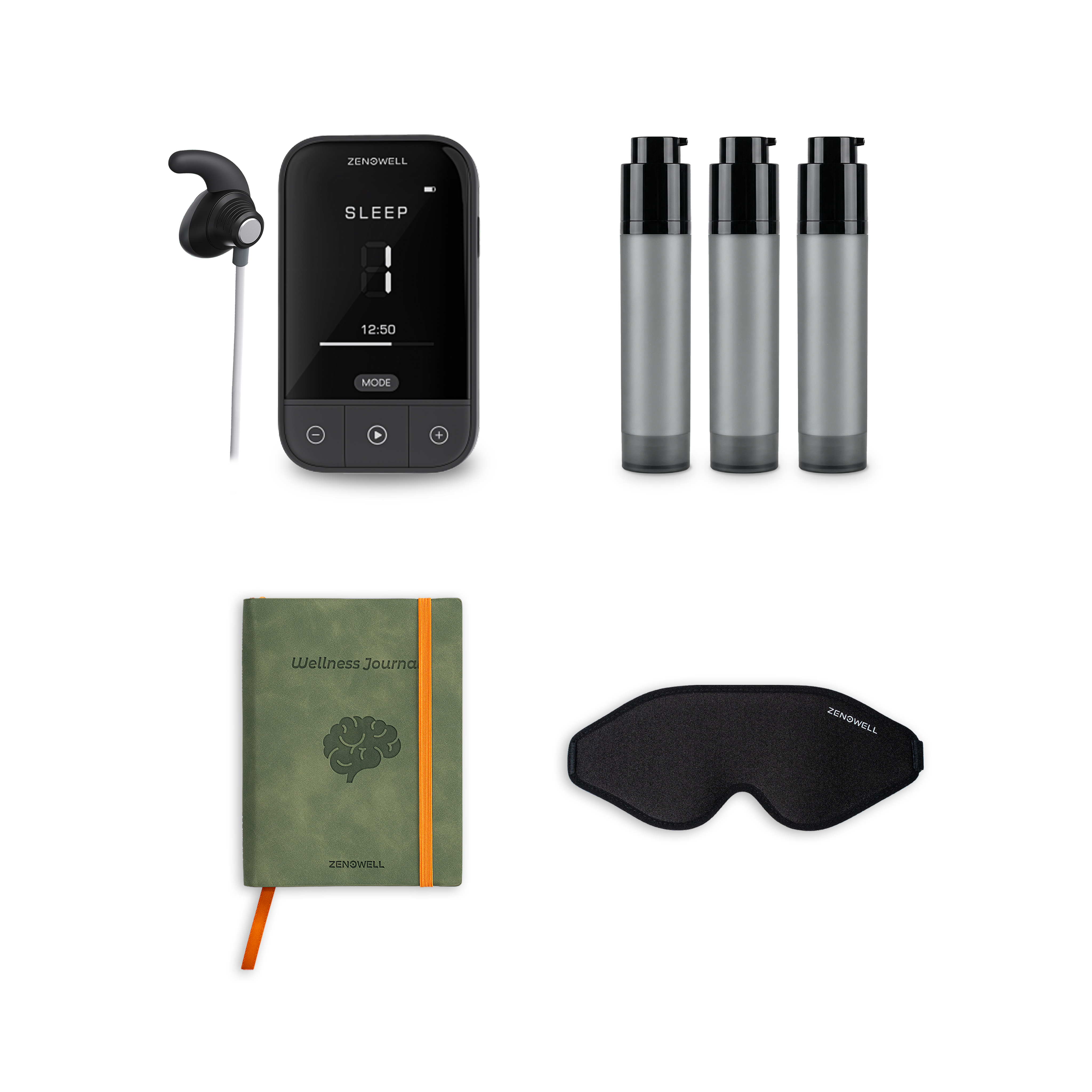 ZenoWell support pack including the gift set featuring the VITA tavns device, three gel, Eye Mask, Wellness Journal, all designed to support relaxation, stress relief, and well-being through transcutaneous auricular vagus nerve stimulation (taVNS)