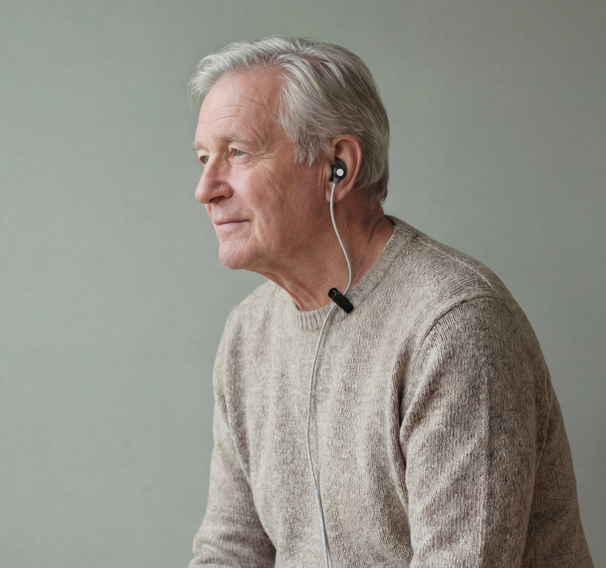 Senior man using ZenoWell earpiece for vagus nerve stimulation, promoting relaxation, stress relief, and overall well-being through taVNS (transcutaneous auricular vagus nerve stimulation).