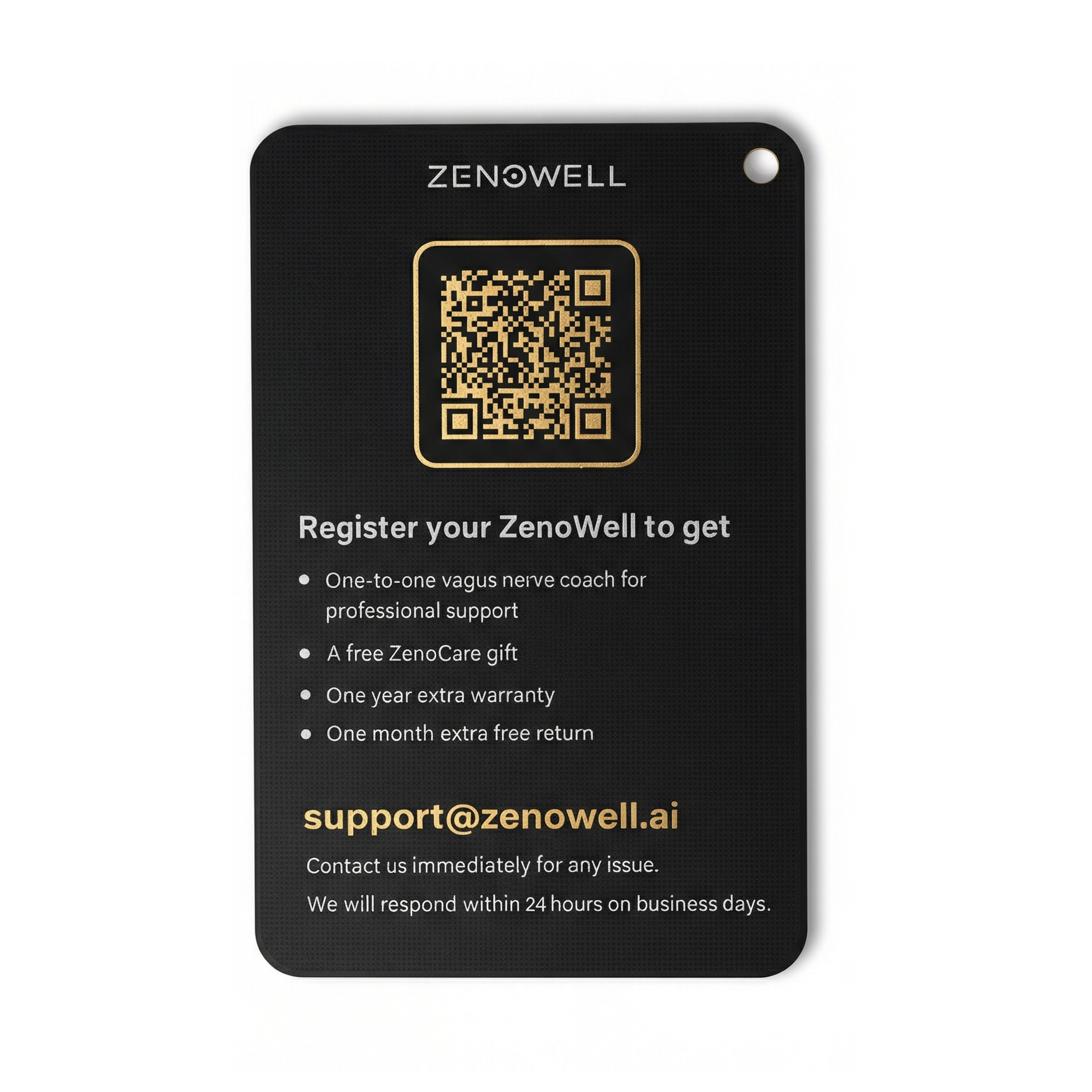 A ZenoWell warranty card offering benefits like a one-to-one vagus nerve coach, free gift, extra warranty, and support.