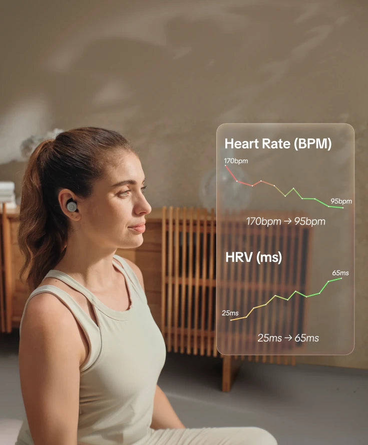 Woman wearing Zeno One during a calm guided breathing session