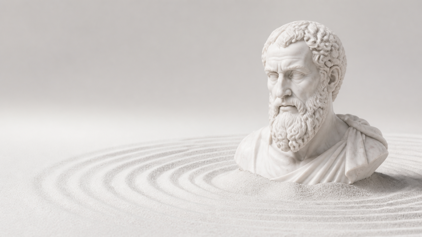 Skulptur des Philosophen Zenon in einem Feld konzentrischer Sandwellen